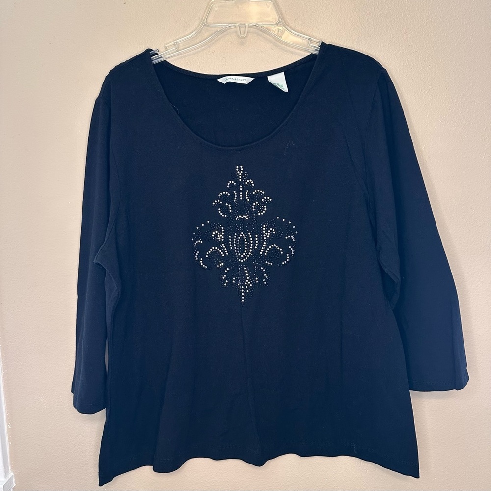Laura Ashley Black 3/4 Sleeve Top with Embellished DesignSize XL